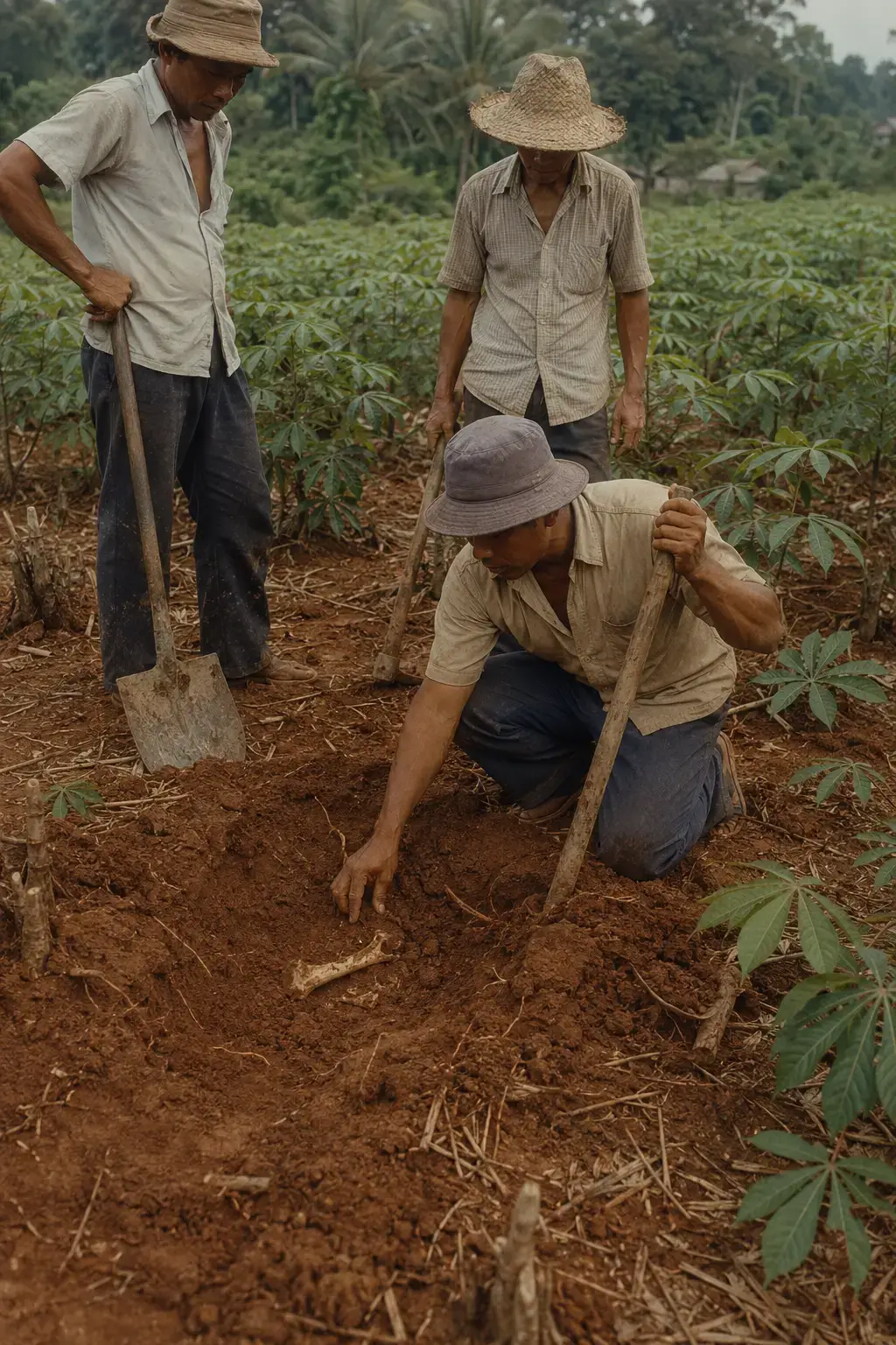 Illustrative reconstruction of workers unearthing human bones in a field
