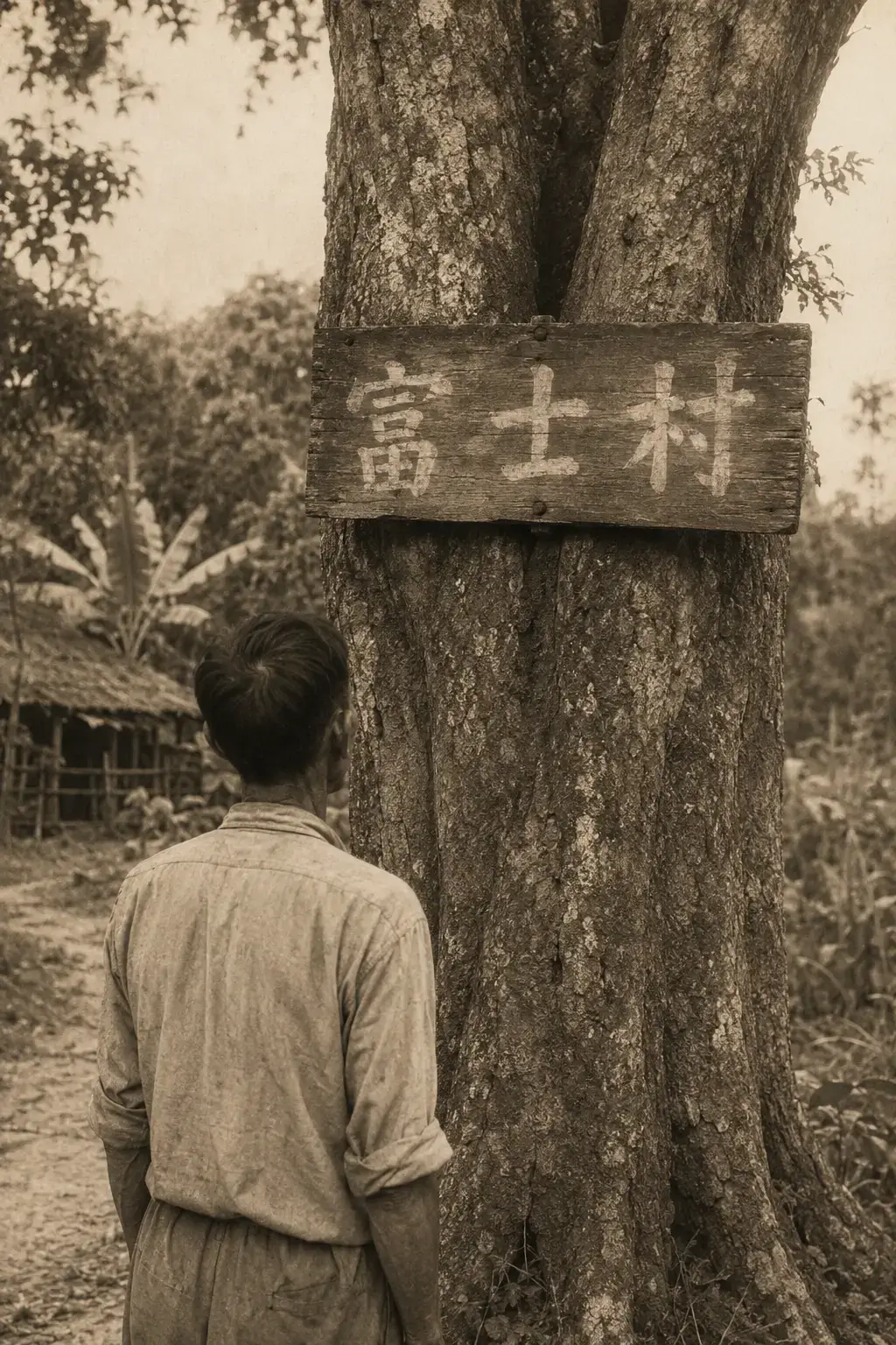 Illustrative reconstruction of a Fuji Village signboard on a large tree