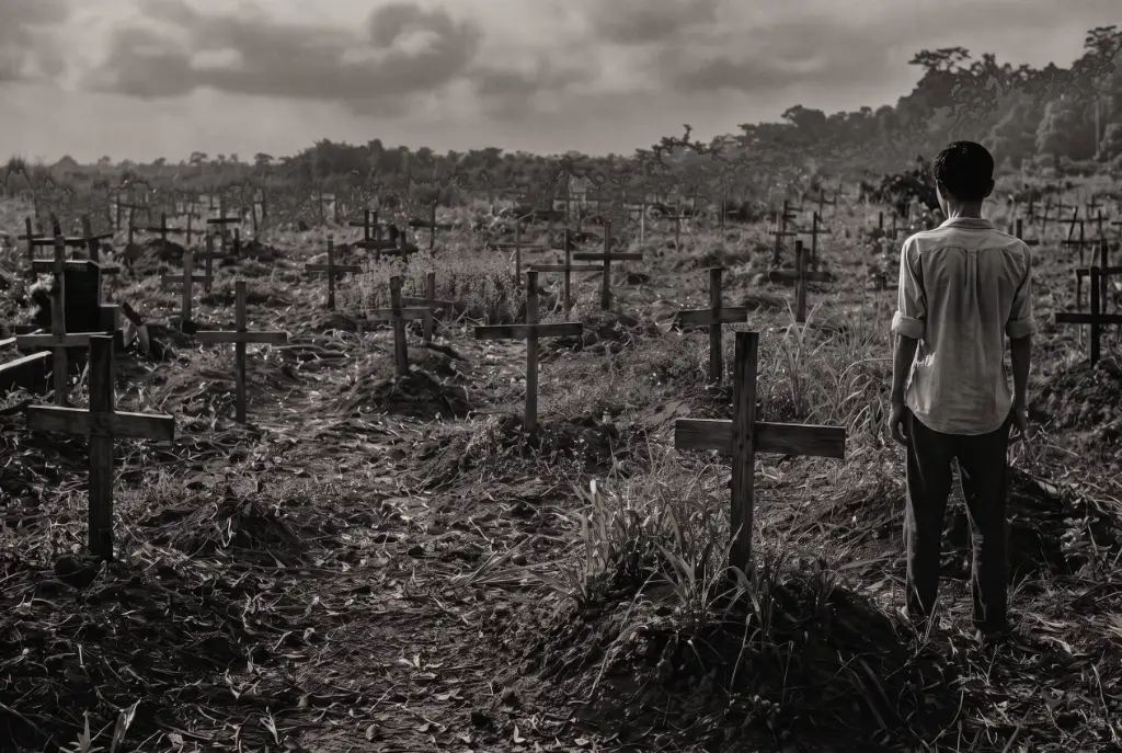 Illustrative reconstruction evoking malaria deaths at Fuji-Go