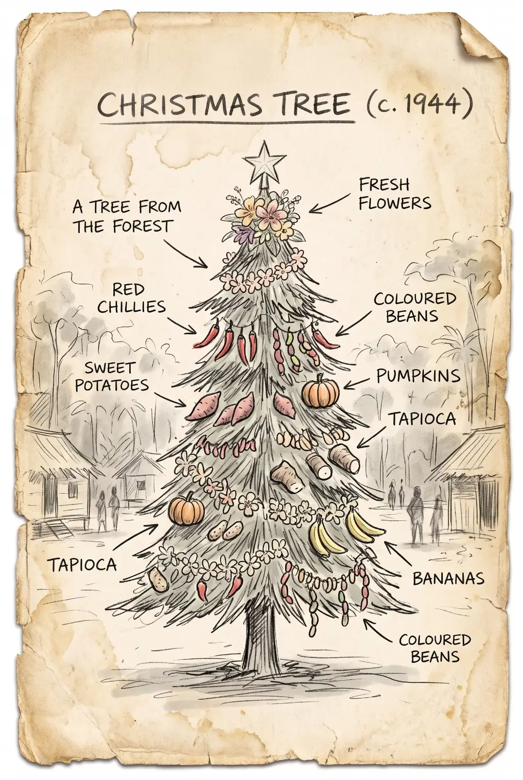 Illustrative diagram of a Christmas tree decorated with food and flowers