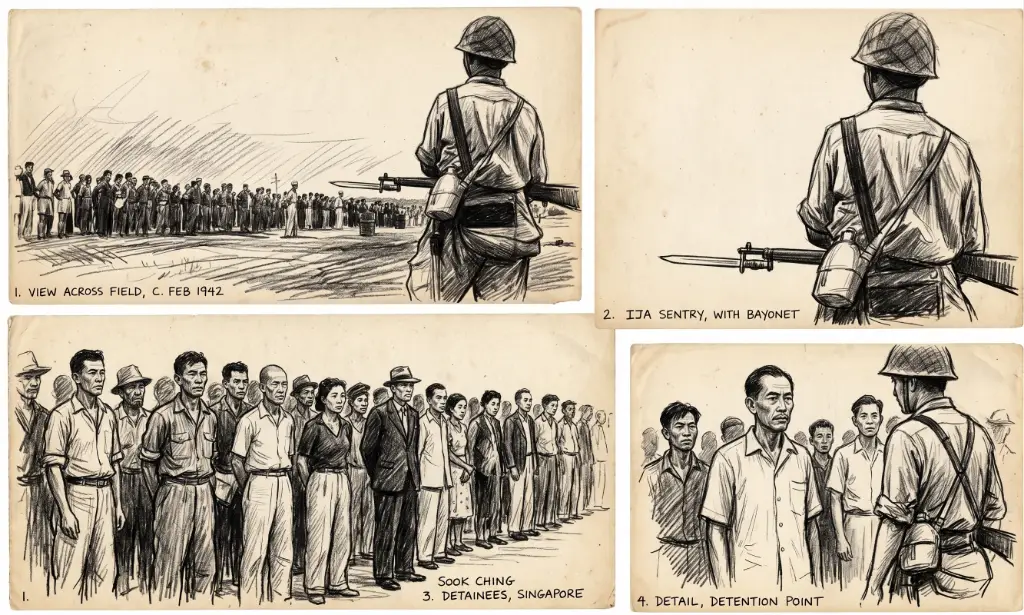 Illustrative reconstruction of the Sook Ching mass screenings