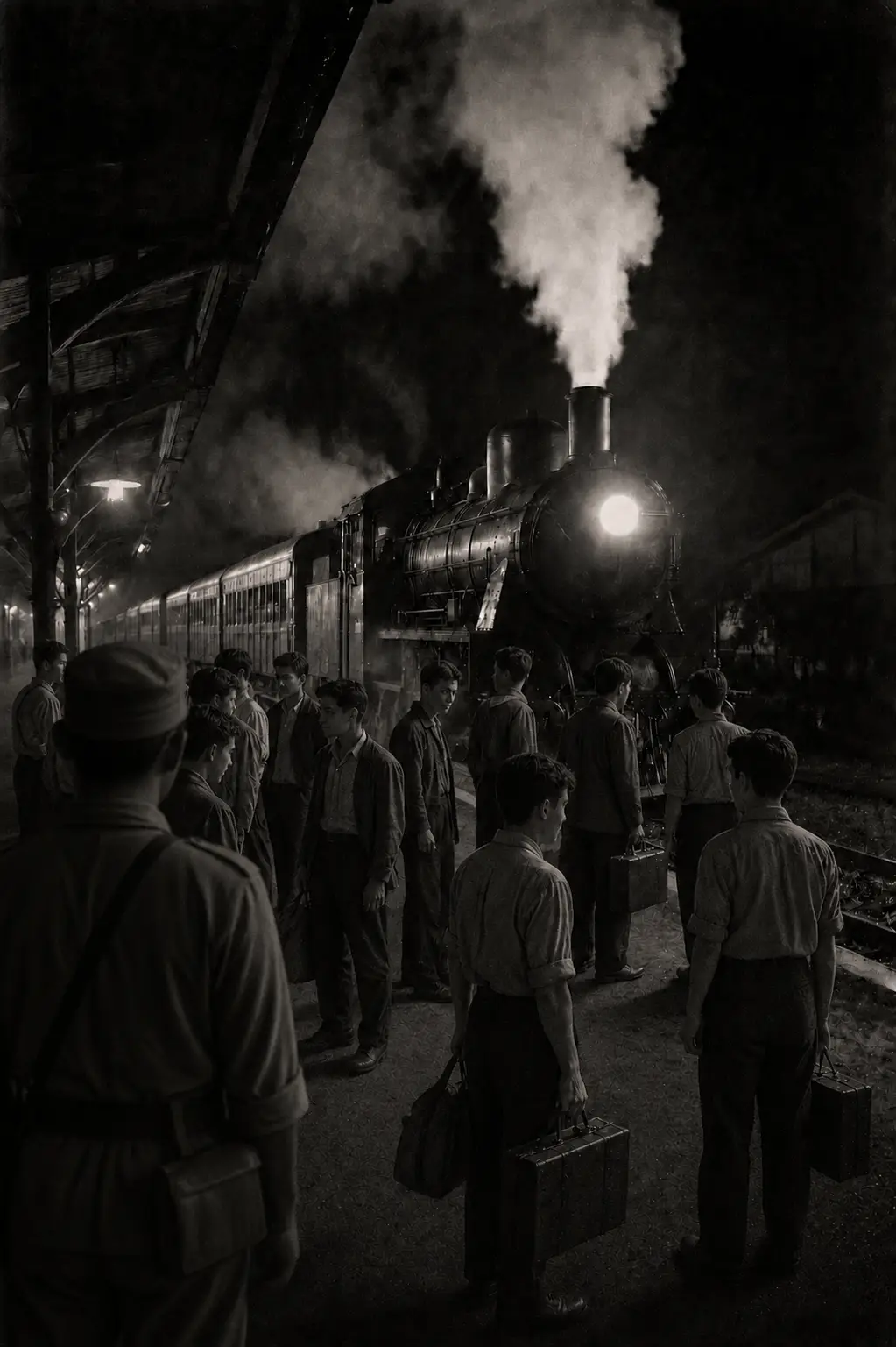 Illustrative reconstruction of advance pioneers departing by train