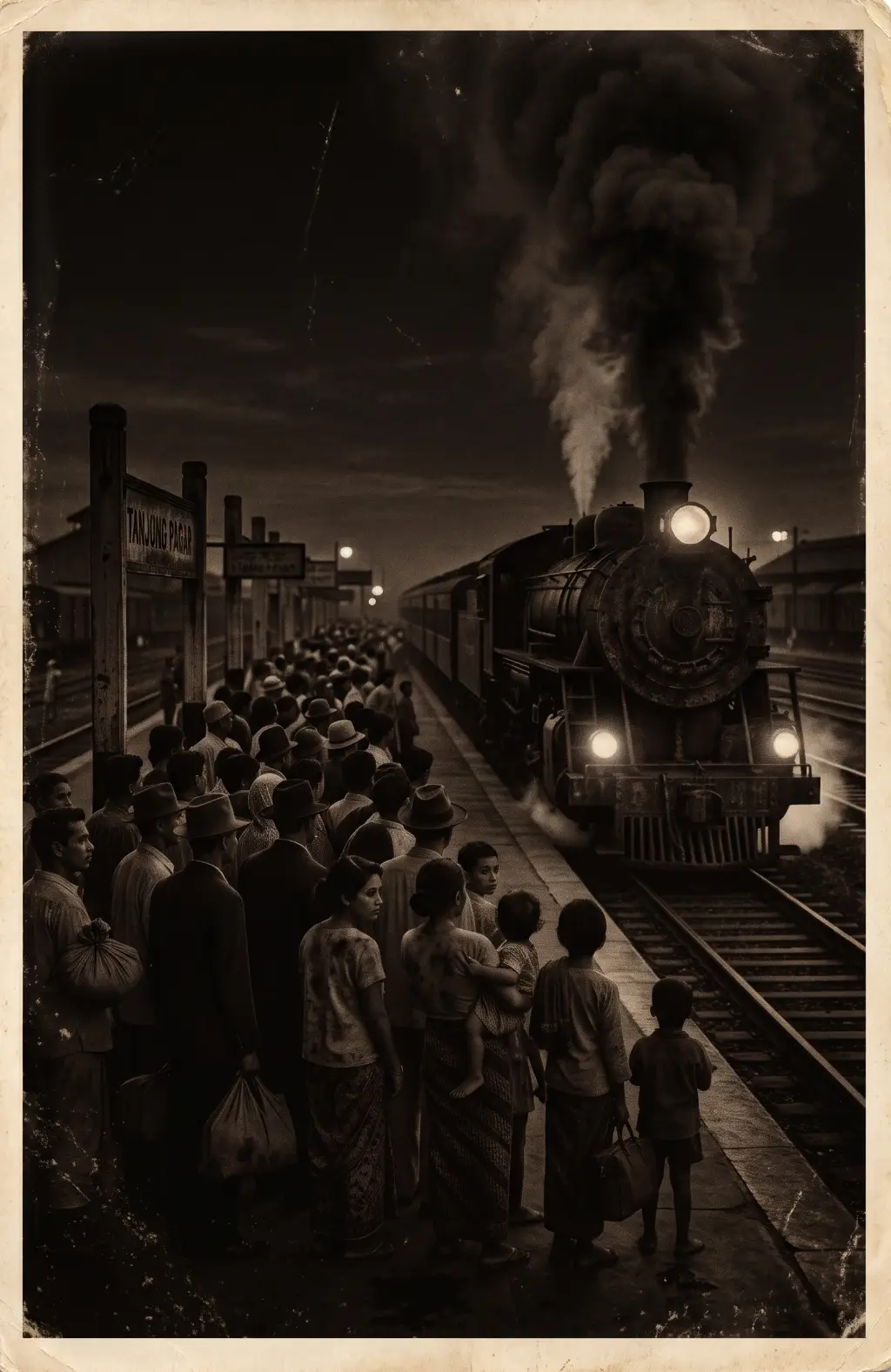 Illustrative reconstruction of settlers at a railway platform