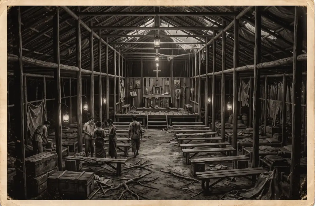 Illustrative reconstruction of the Mission Longhouse chapel and living quarters